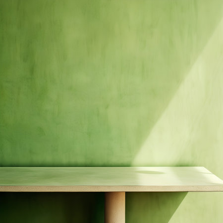 Empty table and green wall background, product display montage, 3d renderの素材