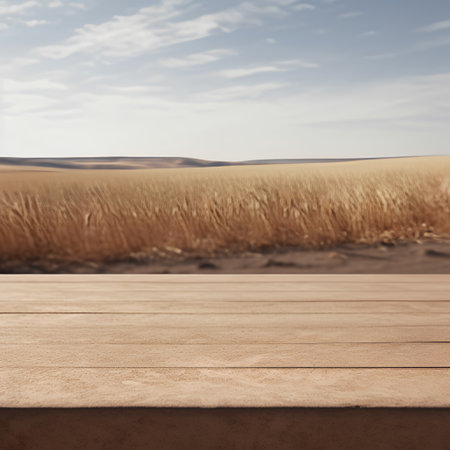 Empty wooden table over blurred wheat field background, product display montageの素材