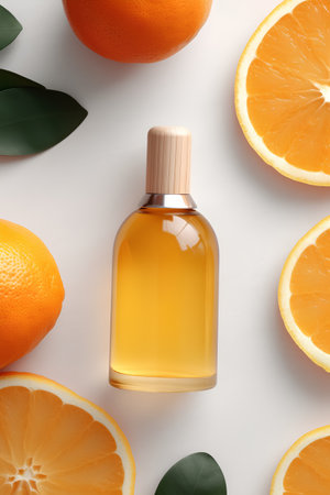 Bottle of essential oil with citrus fruits on white background, top viewの素材