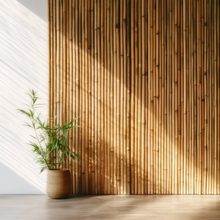 Interior of modern living room with bamboo wall, carpet and plantの素材