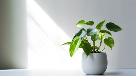 Indoor plant in a white pot on a white wall background.の素材