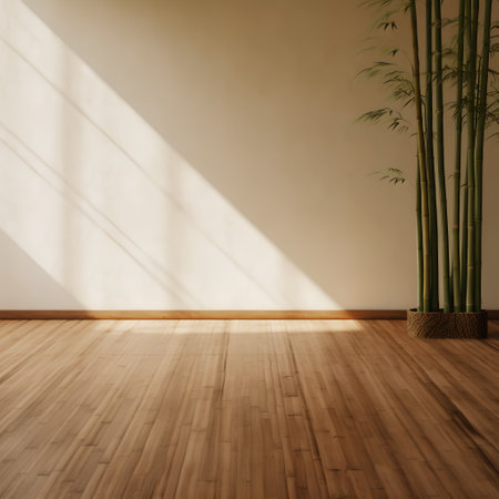 empty room with bamboo wall and wooden floor, 3d rendering.の素材