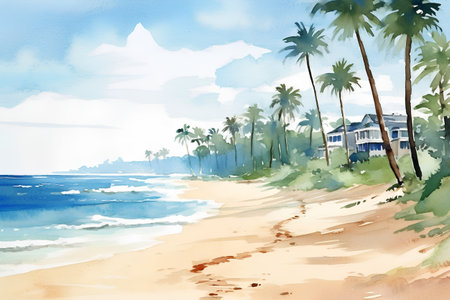 Watercolor beach with palm trees and house. Hand drawn illustration.の素材