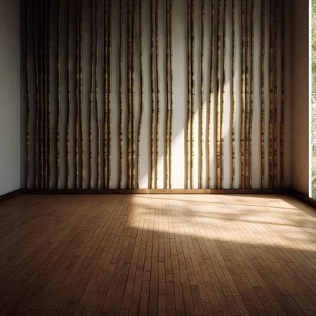 Empty room with bamboo wall and wooden floor. 3d render.の素材