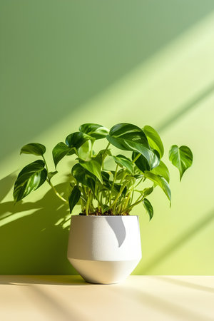 Houseplant in a white pot on a yellow table and a green wallの素材