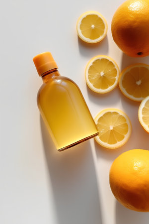 Bottle of essential oil with lemons and oranges on white backgroundの素材