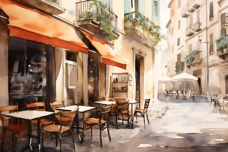 Street cafe in Paris, France. Digital watercolor painting on canvas.の素材