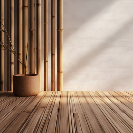 3D render of a bamboo interior with a wooden floor and a vaseの素材