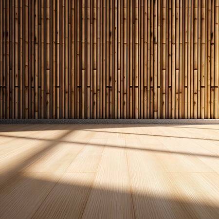 Empty room with bamboo wall and wooden floor. 3d rendering.の素材