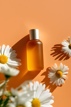 bottle of essential oil and chamomile flowers on orange backgroundの素材