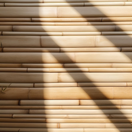 Bamboo wall with sunlight and shadow. Bamboo wall background.の素材