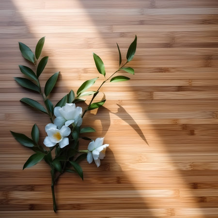 White flowers with green leaves on a wooden background with a shadow.の素材