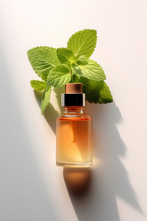 Mint essential oil in a small bottle with fresh mint leaves on a white background.の素材