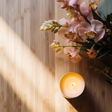 Bouquet of flowers and a burning candle on a wooden backgroundの素材