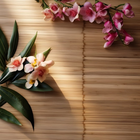 Beautiful orchids on a bamboo mat with space for textの素材