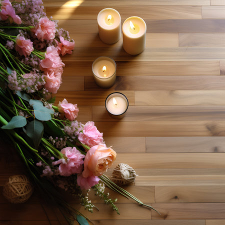 Beautiful flowers and burning candles on wooden background, top view.の素材