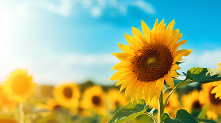 Sunflower field over cloudy blue sky background. Sunflower blooming in summer.の素材