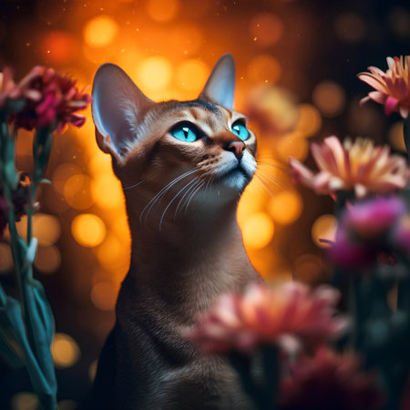 Portrait of Abyssinian cat with beautiful flowers on bokeh background.の素材
