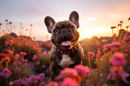 Funny french bulldog puppy in the flower field at sunset.の素材