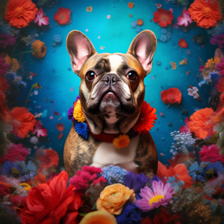 French bulldog dog in a flower bouquet on a blue backgroundの素材
