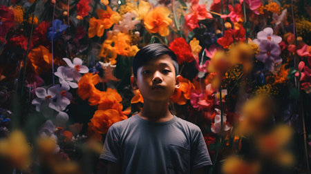 Asian boy standing in the garden with many colorful orchids.の素材