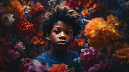 Portrait of a young african american boy in the garden with flowers.の素材