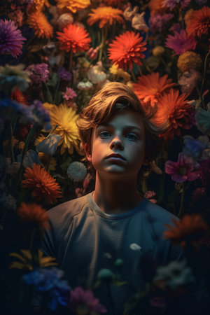 Portrait of a boy on a background of flowers in the gardenの素材