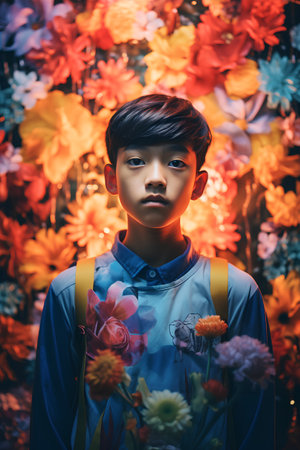Portrait of a cute asian boy with flowers in the gardenの素材