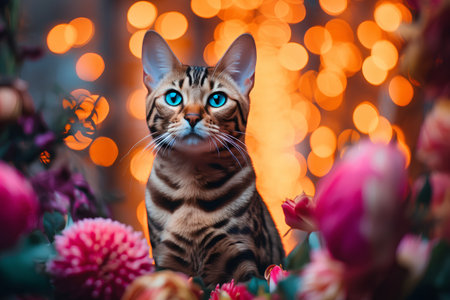 Bengal cat on a background of flowers and bokeh.の素材