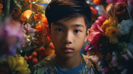 Portrait of a boy with flowers in a flower shop. Close-up.の素材