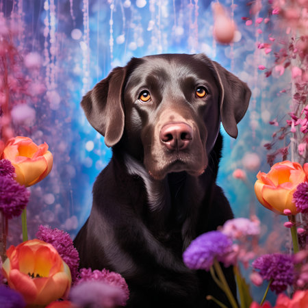 Portrait of a chocolate labrador retriever dog with tulipsの素材