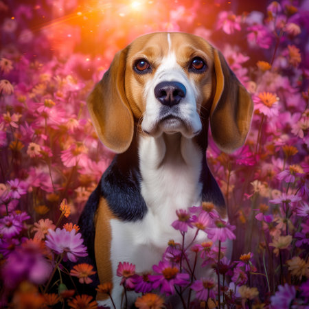 Portrait of a beautiful beagle dog on a background of flowersの素材