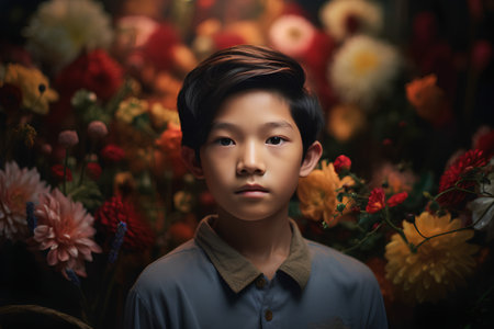 Portrait of asian boy with flower background, vintage tone.の素材