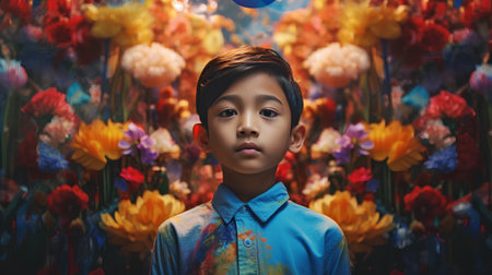 Portrait of asian boy looking at the camera with flower backgroundの素材