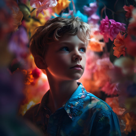 Portrait of a beautiful little boy in a blue shirt among flowersの素材