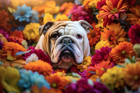 Cute dog breed English Bulldog with flowers in the garden.の素材