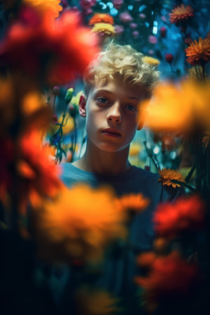 Portrait of a boy among flowers. Photo in retro style.の素材