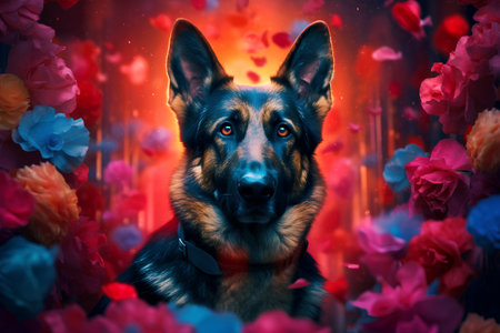 German shepherd dog and flowers on a red background with bokeh effectの素材