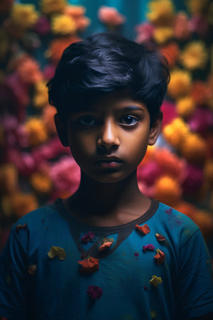 Portrait of a beautiful indian little boy with flowers in her hairの素材