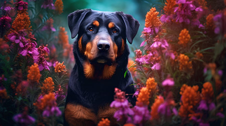 Portrait of a purebred rottweiler dog on a background of flowersの素材