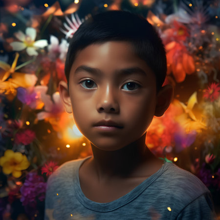Portrait of a beautiful asian boy with flowers in the backgroundの素材