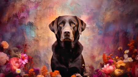 Studio portrait of a chocolate labrador retriever dog sitting among flowersの素材