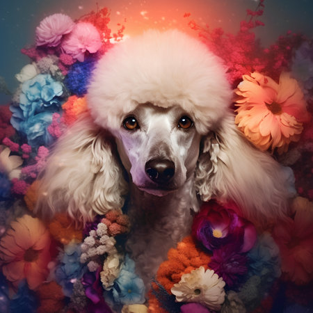 Portrait of a poodle dog with flowers on a colorful backgroundの素材
