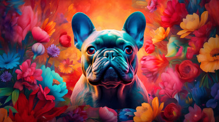 dog breed french bulldog on a background of flowers, digital paintingの素材
