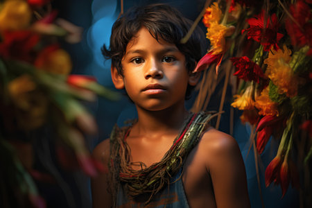 Portrait of a beautiful indian little girl with flowers in her hair.の素材