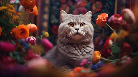 Cute Scottish Fold cat on floral background. Selective focus.の素材