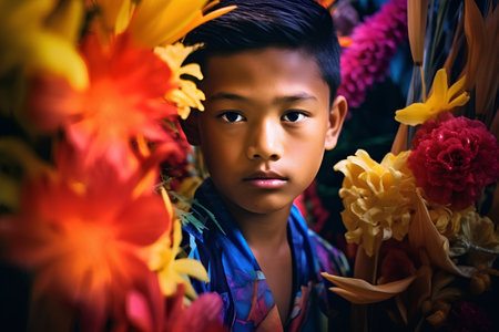 Portrait of a cute Asian boy with flowers in the garden.の素材