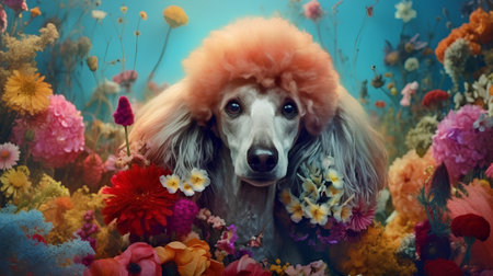 Portrait of a red poodle with flowers on a blue backgroundの素材