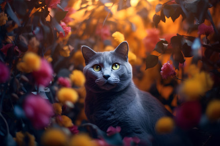 Portrait of a gray cat on a background of autumn leaves.の素材
