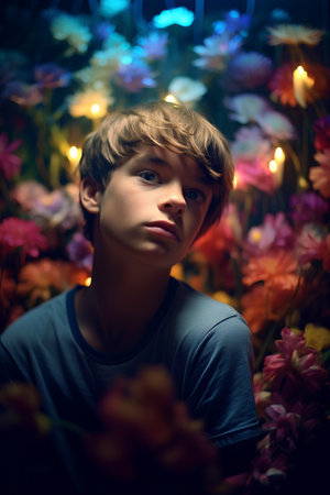 Portrait of a handsome young boy in the garden with flowers.の素材